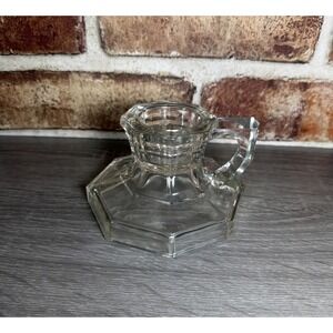 VTG Clear Pressed Glass Candle Holder Octagon Shape Finger‎ Ring Handle Unmarked